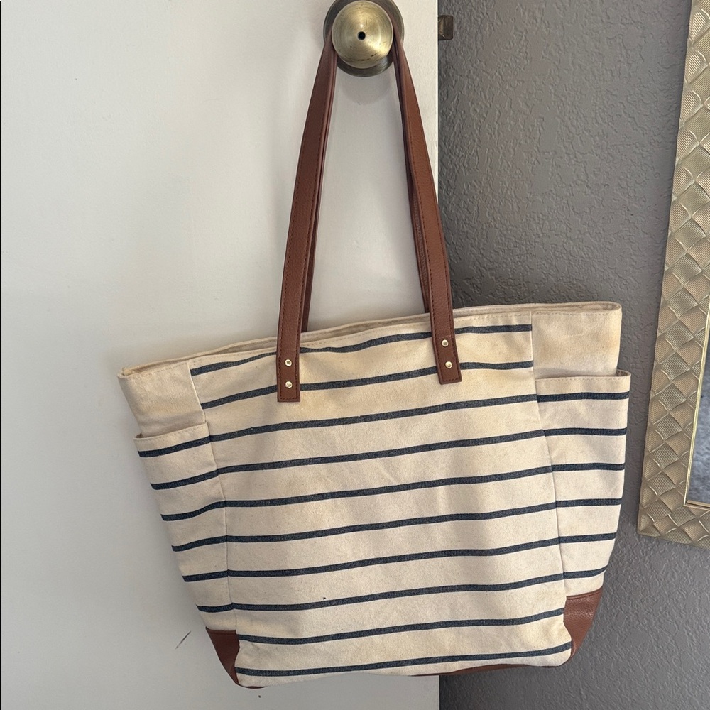 Bath & Body Works Striped Canvas Tote Bag Brown Leather